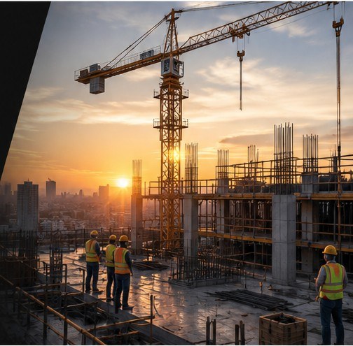 Building construction project at sunset